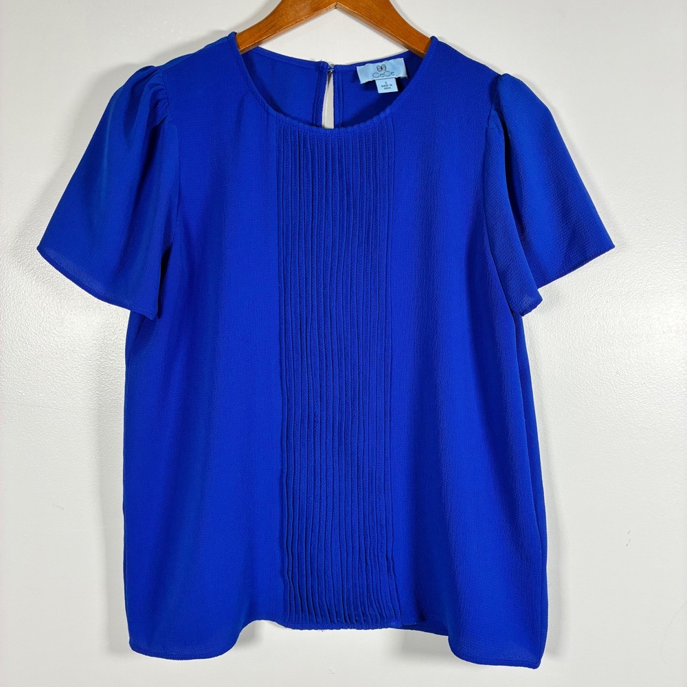 CeCe Blouse S Royal Blue Pleated Front Puff Sleeve Crepe Top Office Feminine
